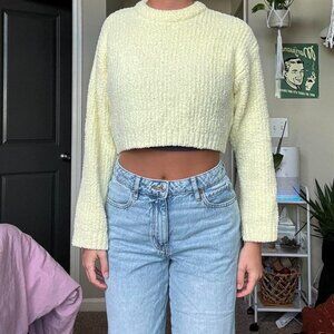fuzzy crop pastel yellow crewneck sweater